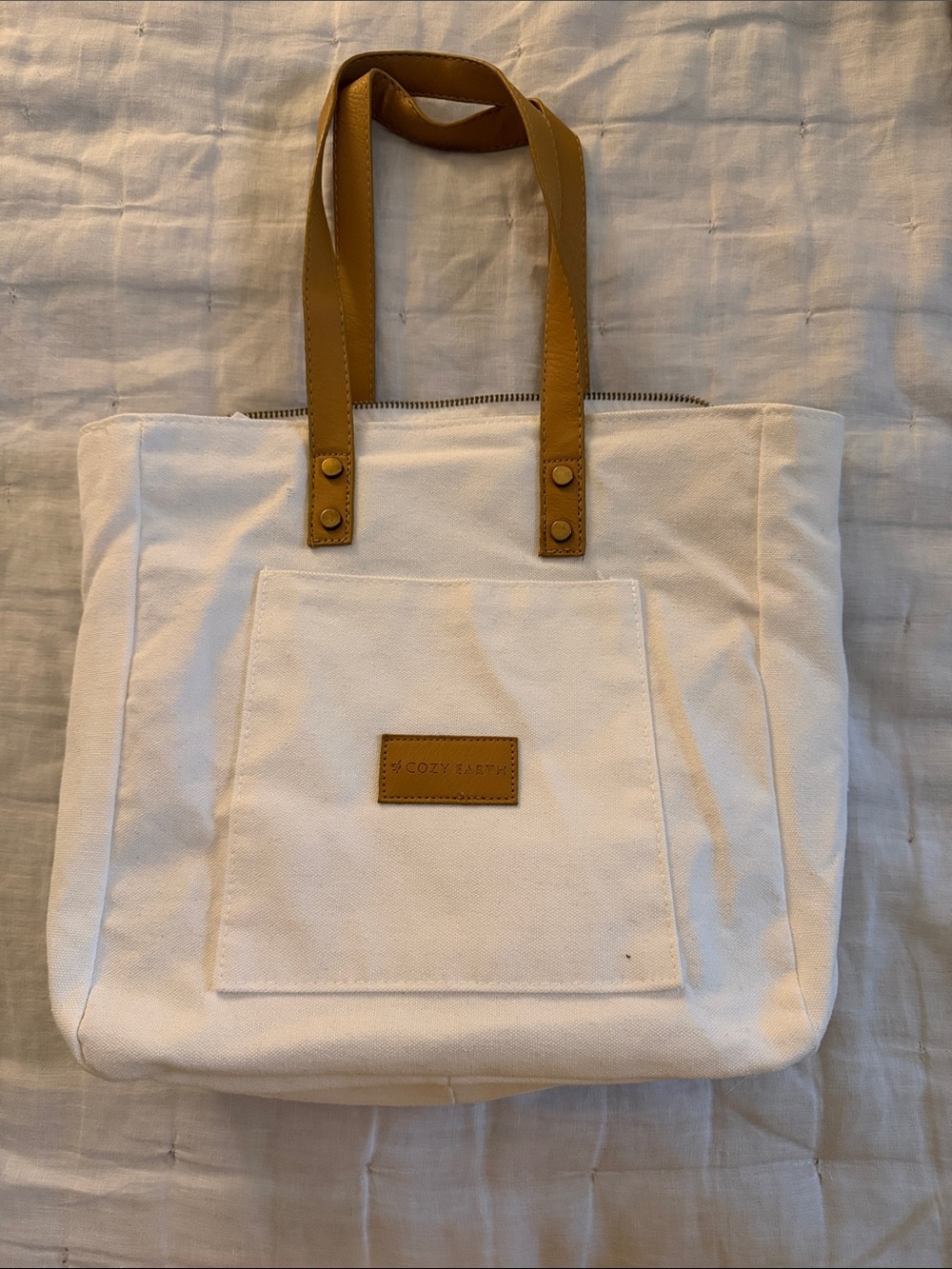 Cozy Earth White Canvas Tote with Tan Handles
